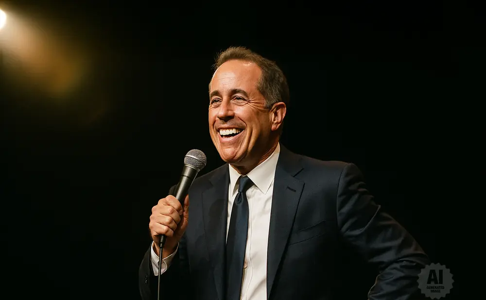 Comedian Jerry Seinfeld laughing on stage with a microphone.