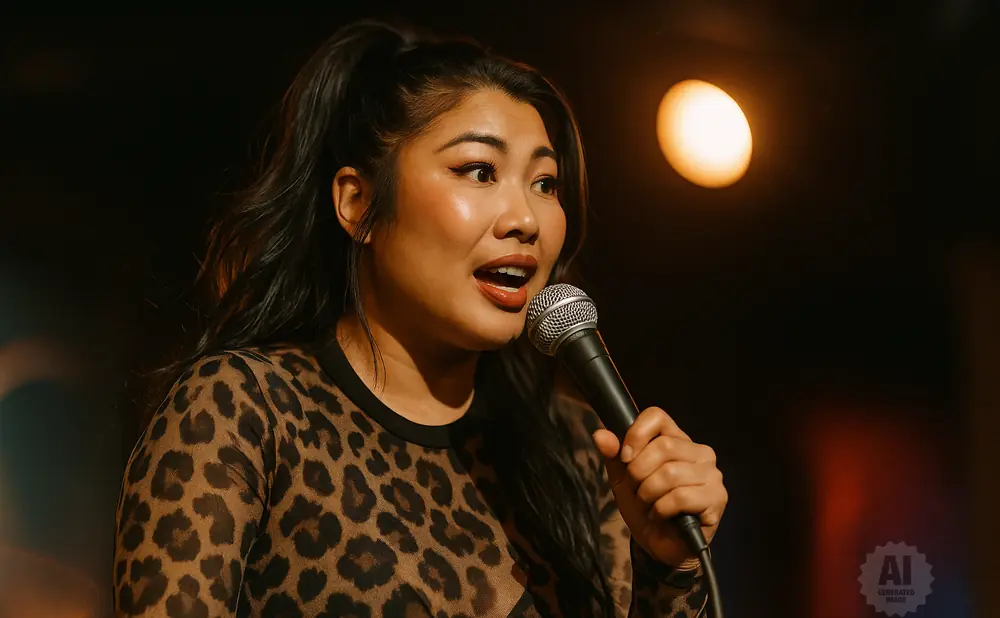 Woman in leopard print top holding a microphone and speaking into it on a dark stage with a spotlight.