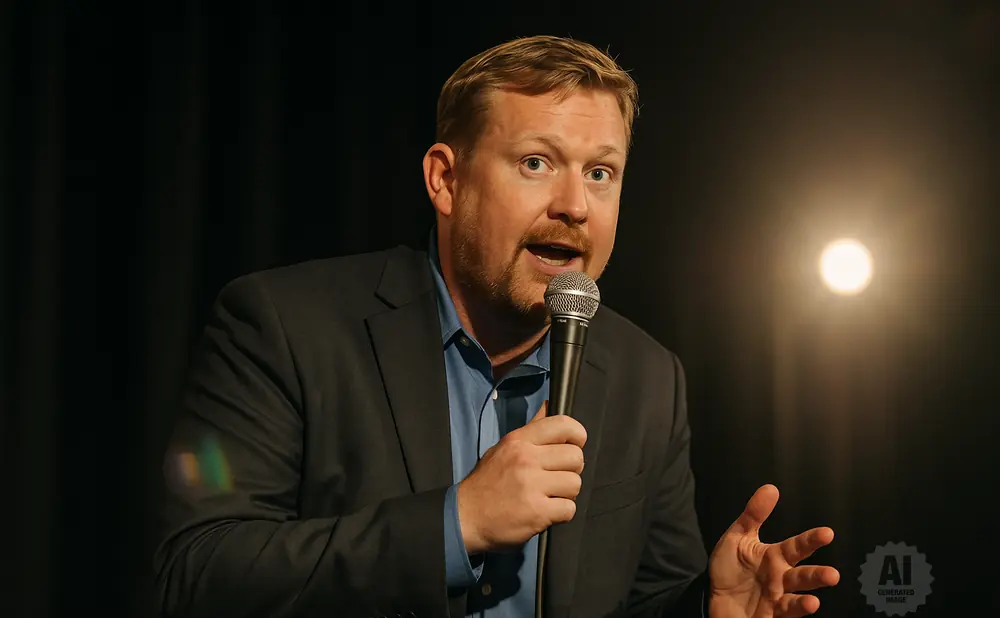 A man in a suit holds a microphone and speaks, gesturing with his hand, under a spotlight.