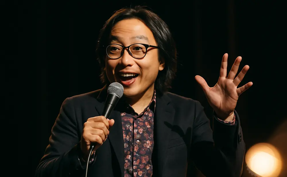 A man with glasses holds a microphone and raises his hand, smiling on a dark stage.