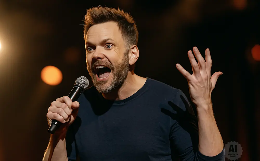A man with a beard and spiky hair, wearing a navy shirt, holds a microphone and gestures with his free hand.