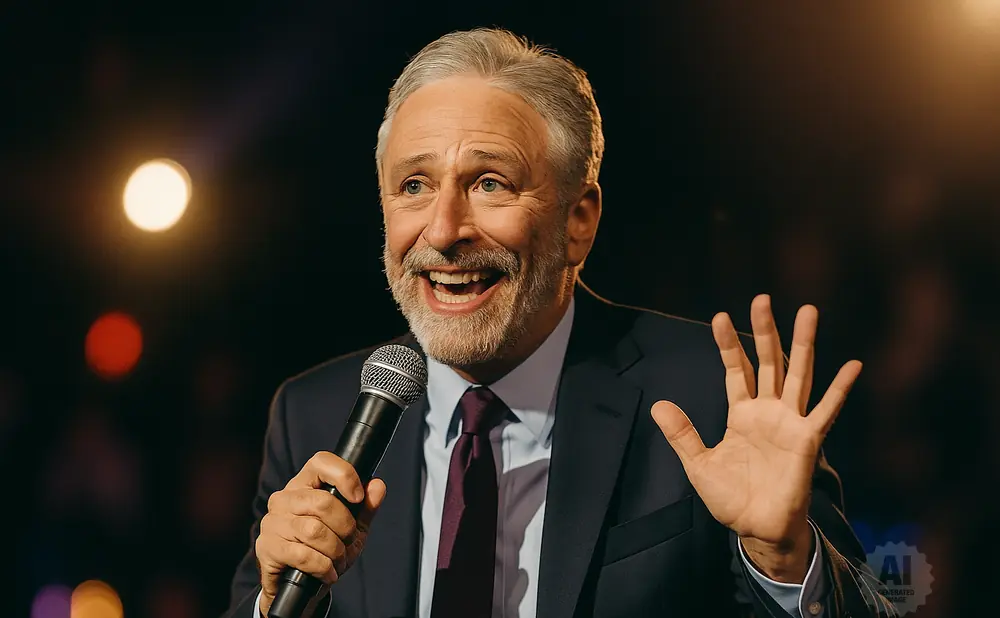 Jon Stewart smiles and holds a microphone, gesturing with his other hand.