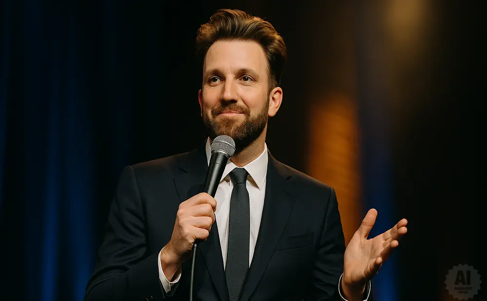 A man in a suit holds a microphone and gestures with his hand while speaking.