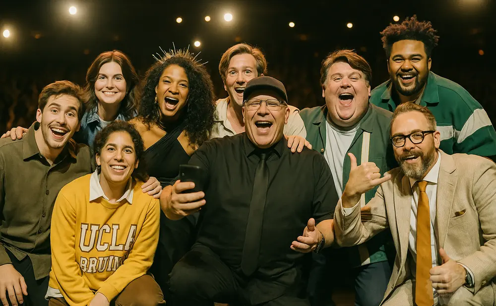A group of 8 diverse people, all smiling and laughing, pose for a selfie in a dimly lit setting with spotlights above.