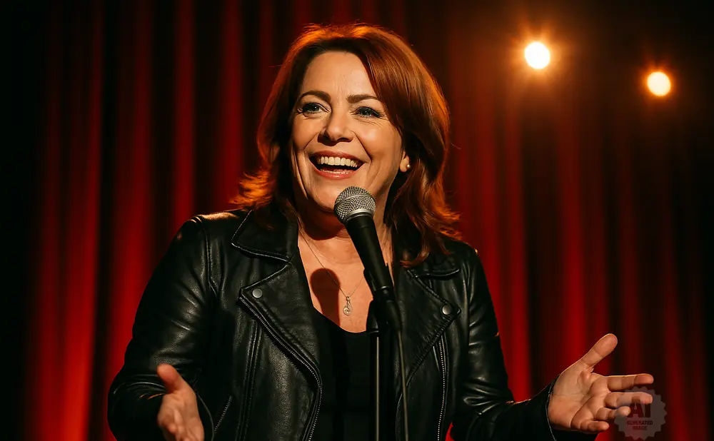 A woman with red hair in a black leather jacket laughs into a microphone on a stage with red curtains.