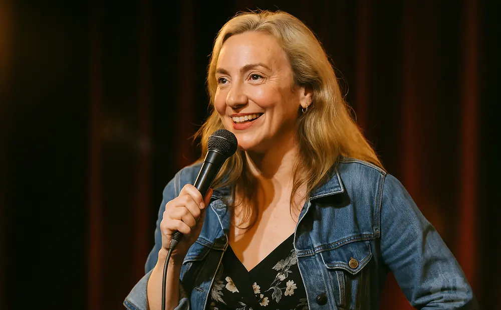 A woman with blonde hair in a denim jacket and floral dress smiles as she holds a microphone.