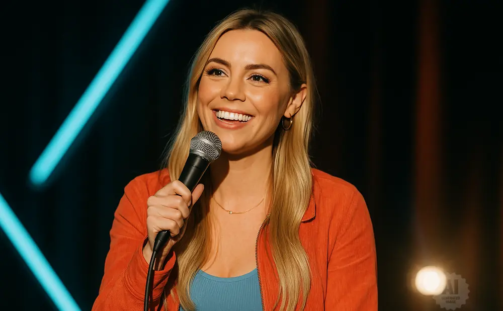 A smiling woman with blonde hair holds a microphone and wears an orange jacket.
