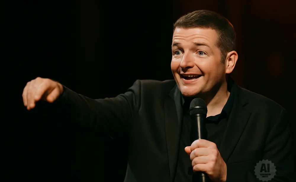 A man in a black suit smiles and gestures while holding a microphone.