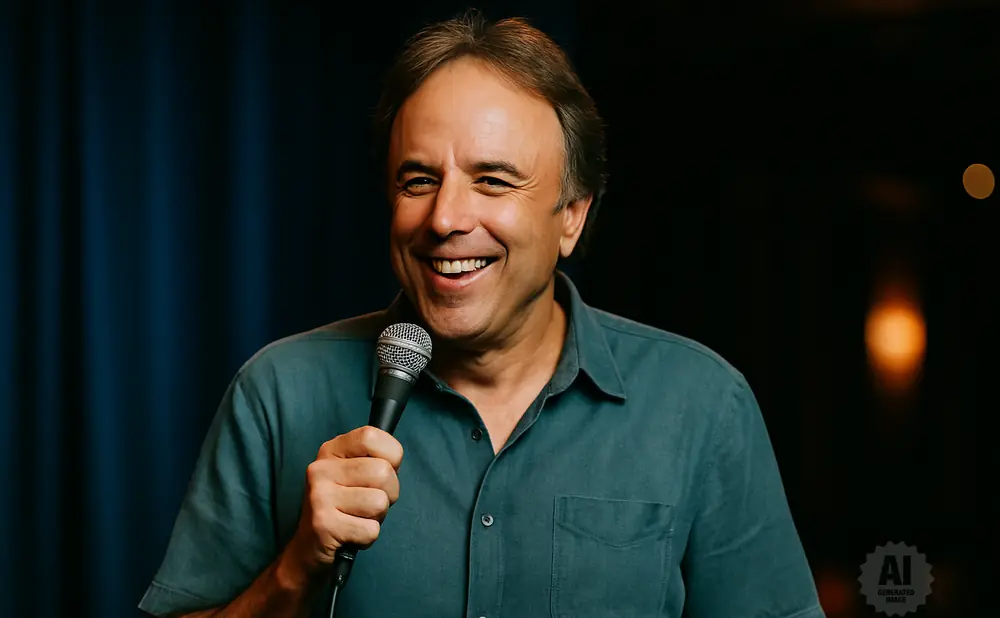 Comedian Kevin James holds a microphone and smiles broadly on stage in a blue shirt.