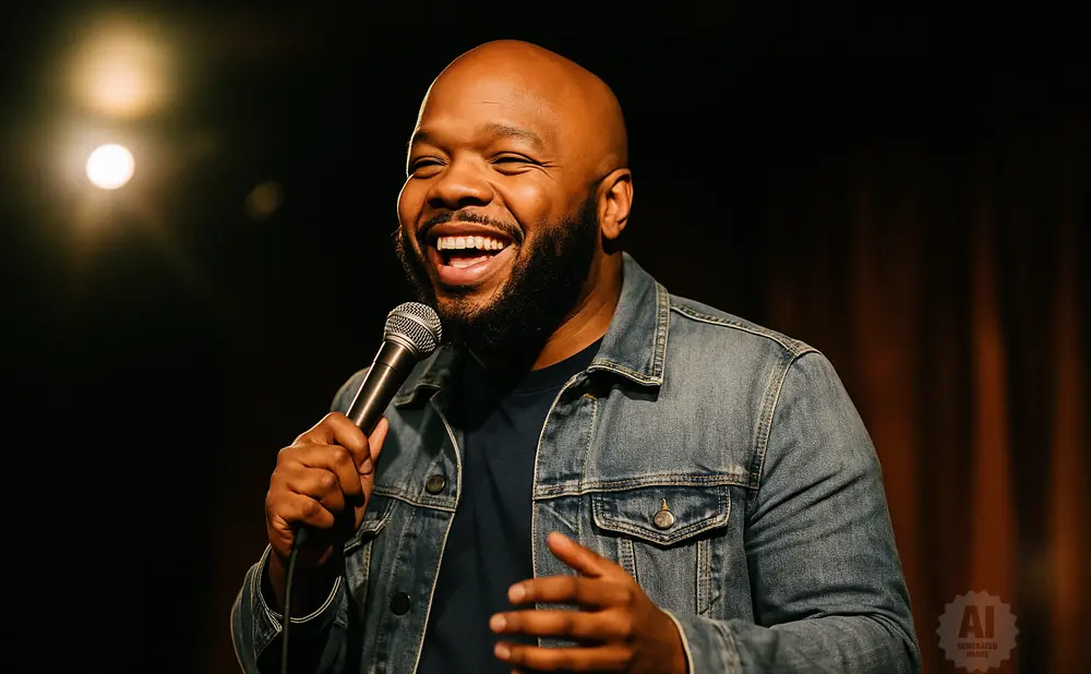 A Black man wearing a denim jacket laughs while holding a microphone on stage.