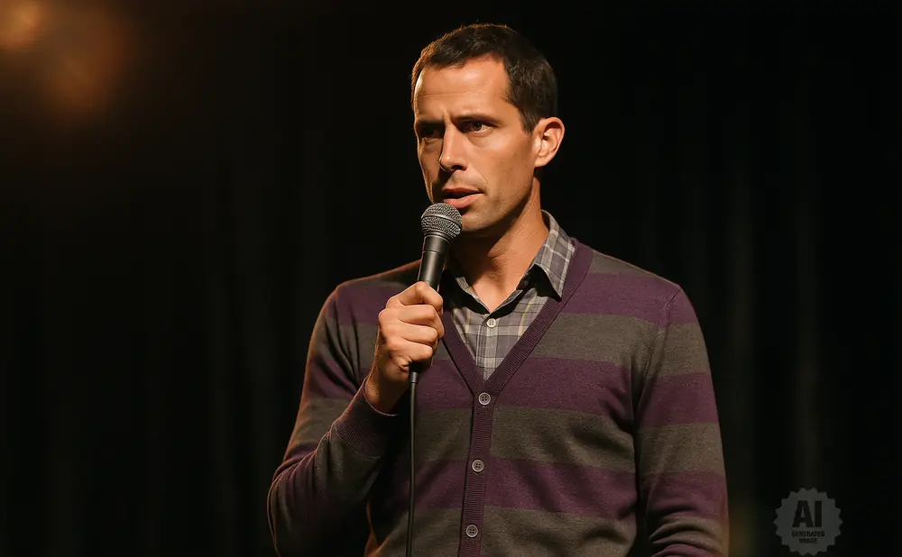 A man in a striped cardigan and plaid shirt holds a microphone and speaks.