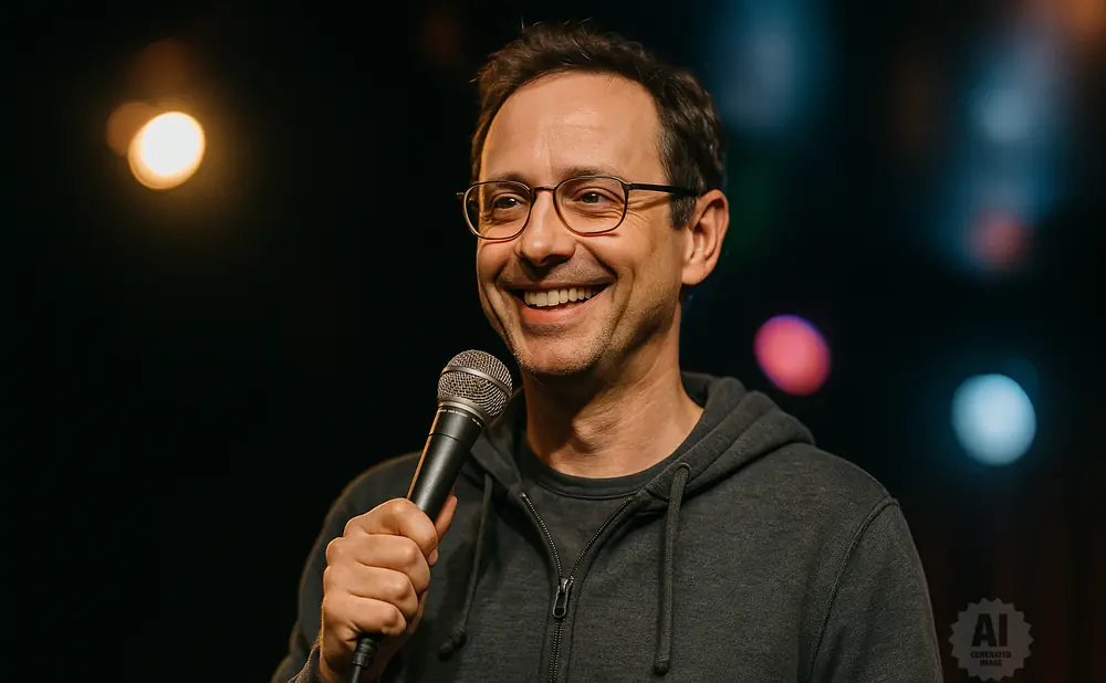 A man with glasses and a grey hoodie smiles and holds a microphone at a live event.
