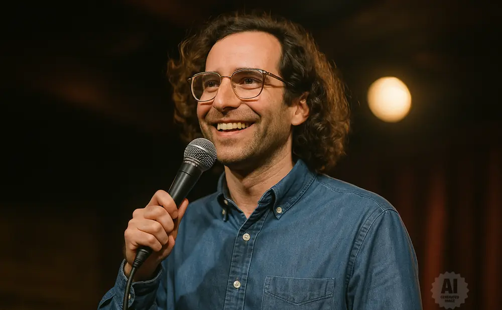 A smiling man with curly hair and glasses holds a microphone and wears a denim shirt.