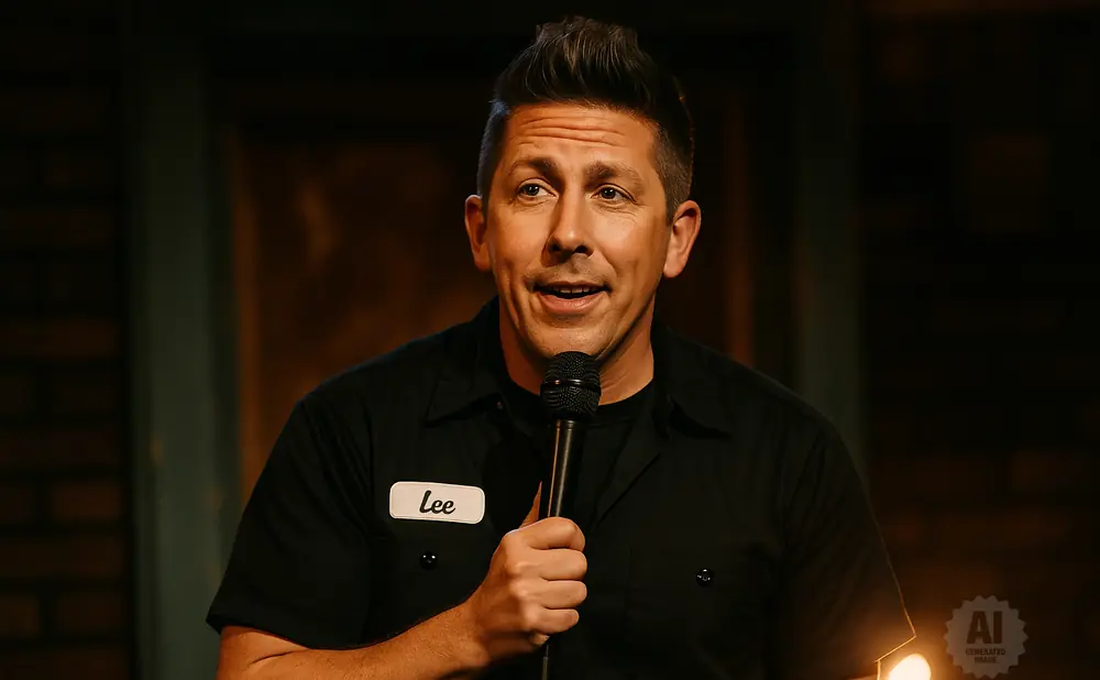 A man named Lee wearing a black shirt holds a microphone and speaks into it.