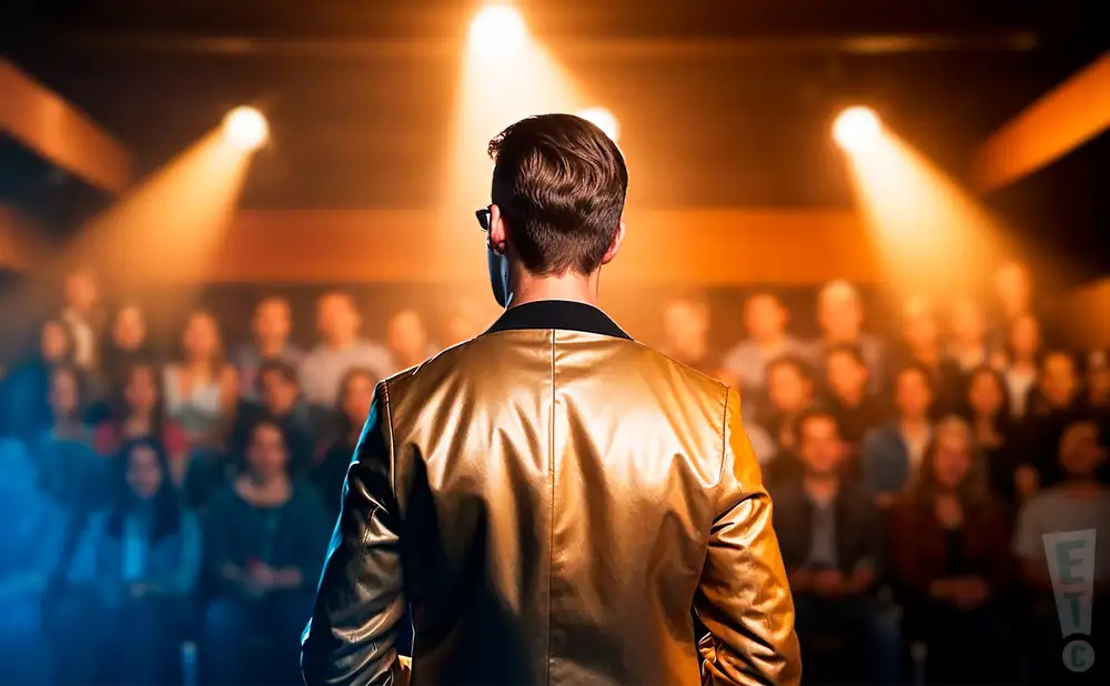 a rear view photo of comedian lewberger performing a comedy act on stage