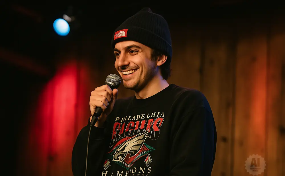 A smiling man in a beanie and sweatshirt holds a microphone on stage.