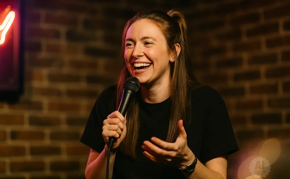 A woman with her hair in a ponytail laughs while holding a microphone, with a brick wall in the background.