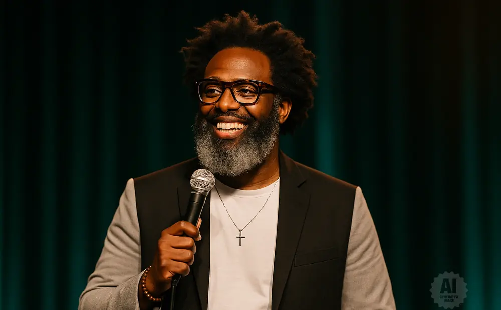 A Black man with glasses and a gray beard smiles holding a microphone.