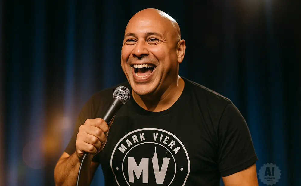 Bald man in a black t-shirt with a logo laughs while holding a microphone.
