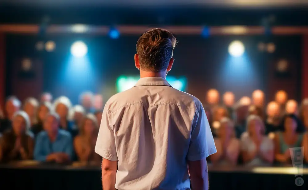 a rear view photo of comedian martin vachon performing a comedy act on stage
