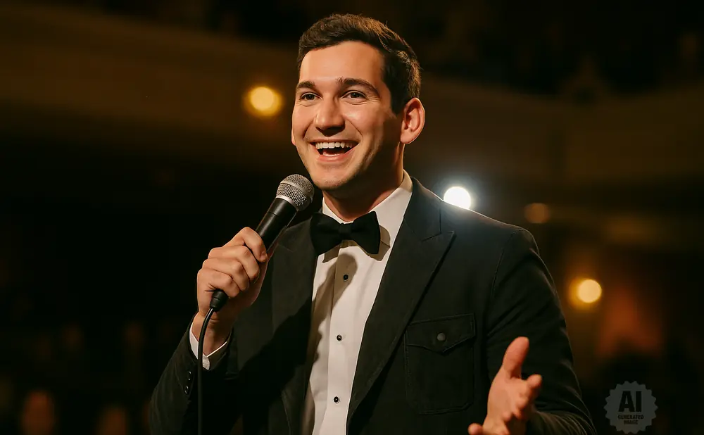 A man in a tuxedo and bow tie smiles and holds a microphone, speaking into it.