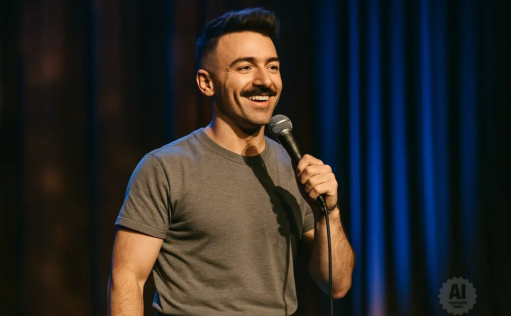 A man with a mustache smiles and holds a microphone onstage in front of blue and brown curtains.