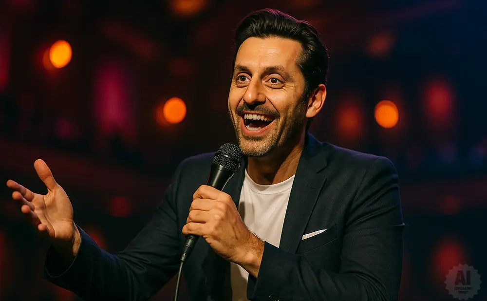 A man in a suit smiles broadly while holding a microphone and gesturing with his other hand on a dimly lit stage.