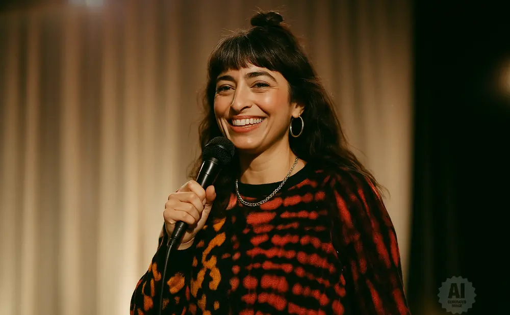 A woman with a top knot hairstyle smiles while holding a microphone on stage.