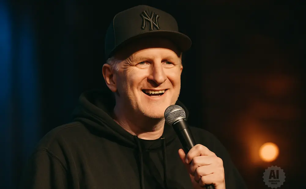 Comedian Michael Che, wearing a black Yankees hat and hoodie, smiles while holding a microphone.