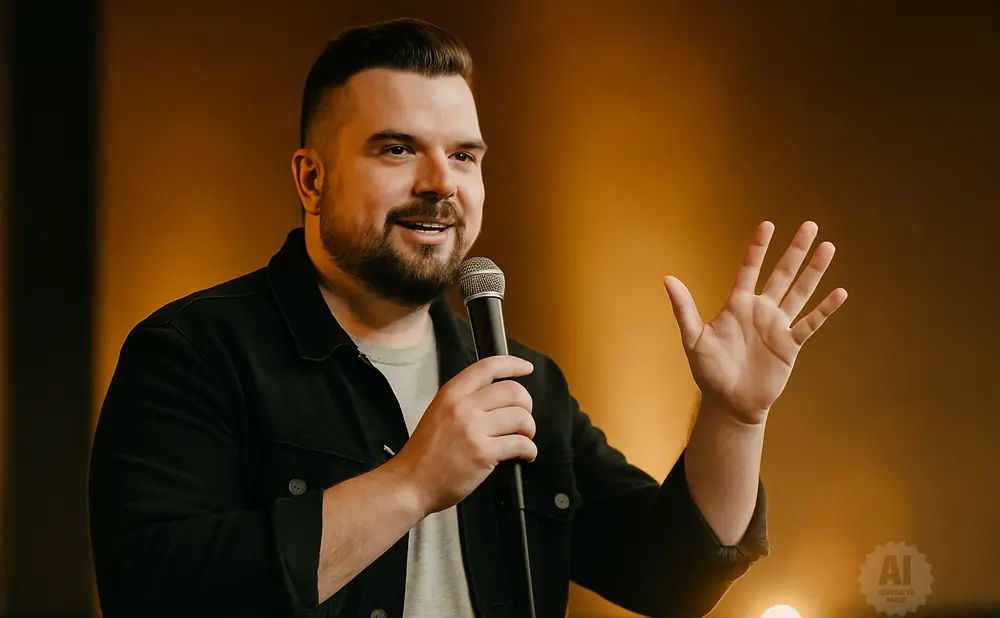 Man in a black jacket holding a microphone and gesturing with his raised hand.