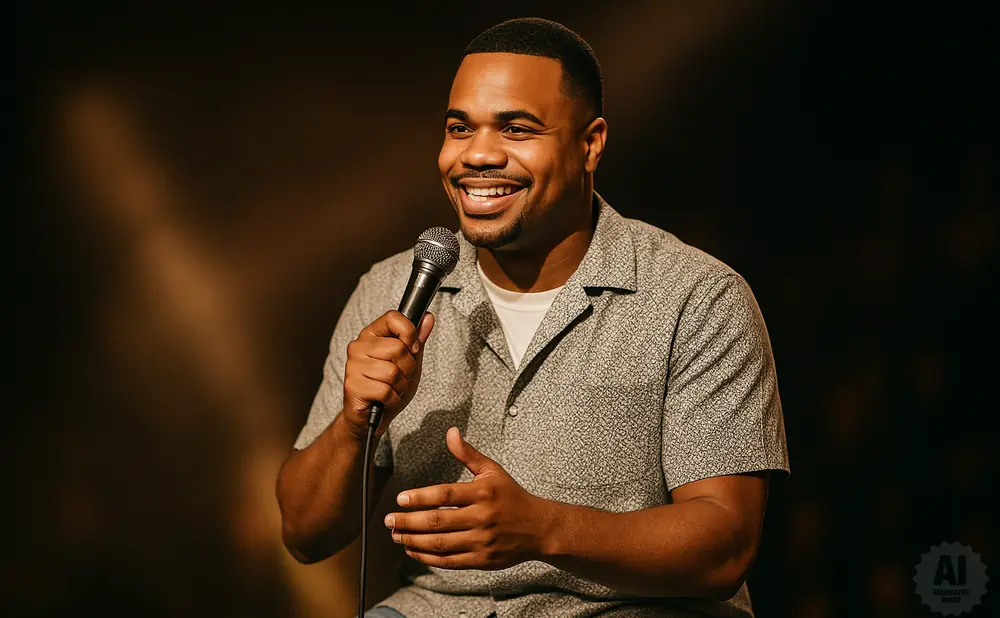 A Black man with a short haircut smiles as he holds a microphone and gestures with his hands.