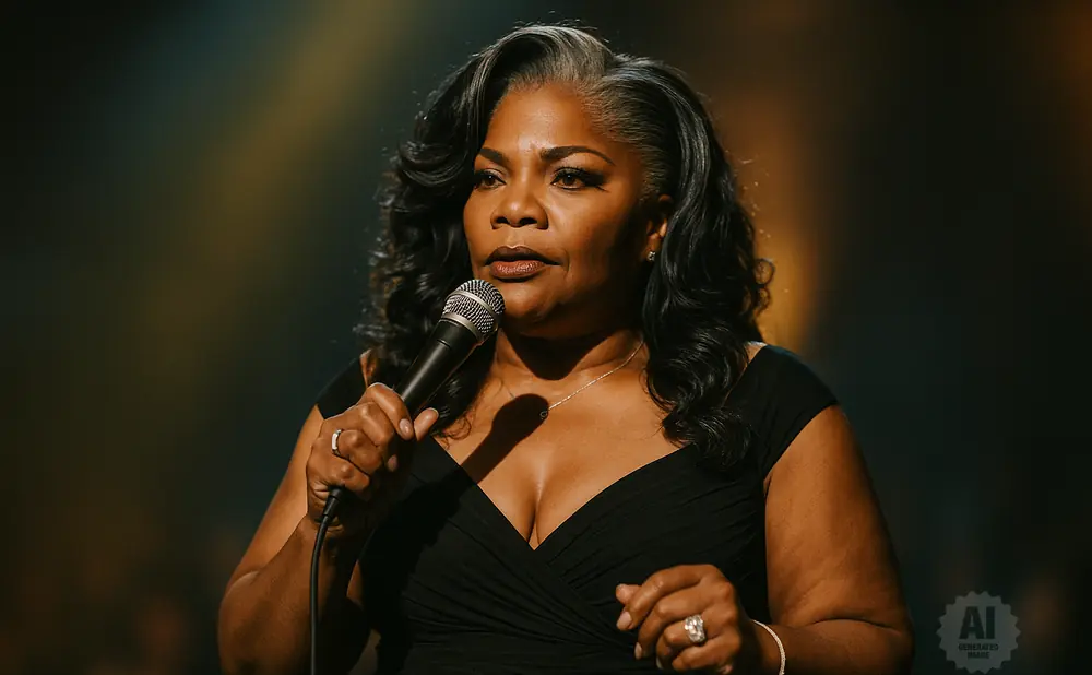 Mo'Nique speaks into a microphone on stage, wearing a black dress.