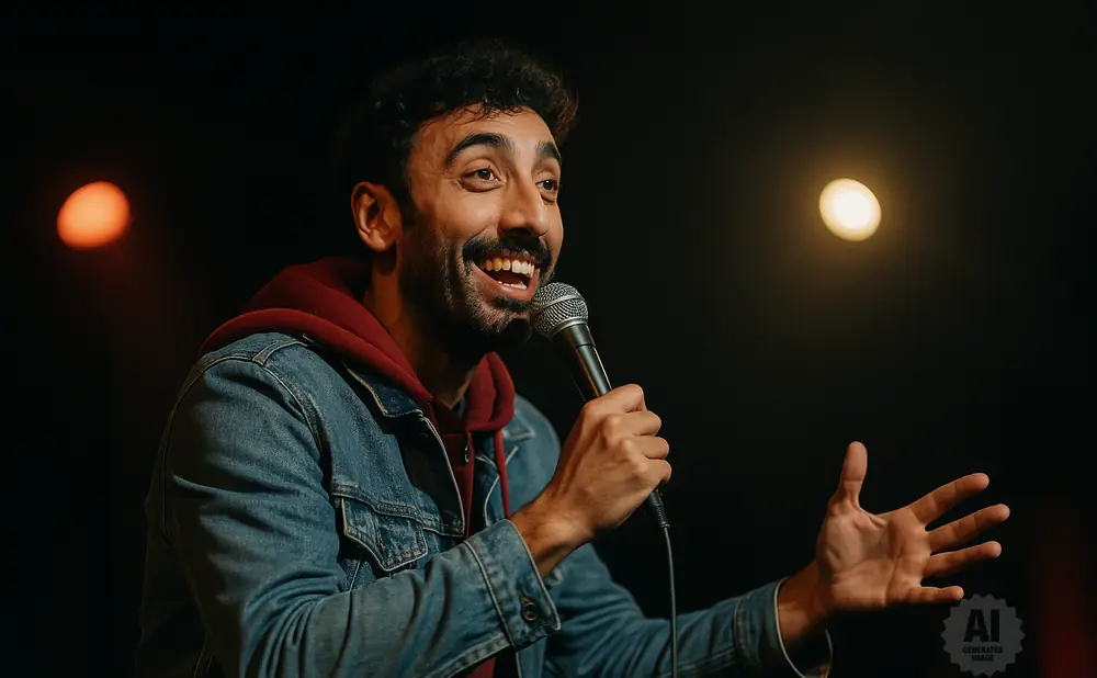 A man in a denim jacket and maroon hoodie smiles while holding a microphone and gesturing with his hands.