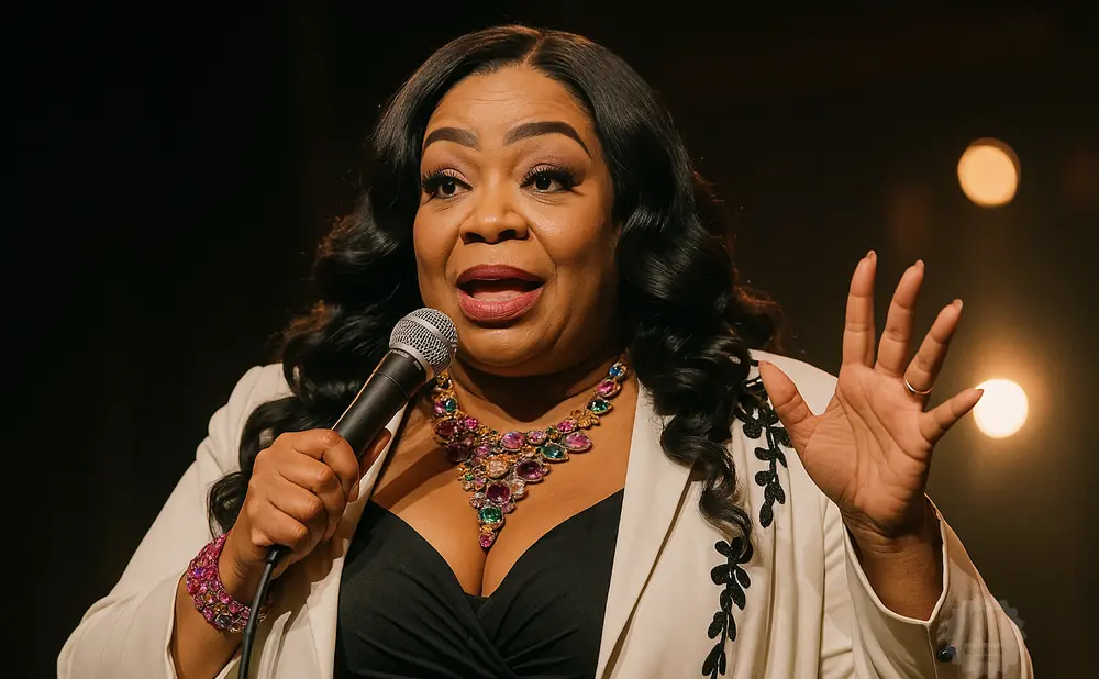 A Black woman speaks into a microphone, wearing a cream blazer, a black top, and a colorful jeweled necklace and bracelet.