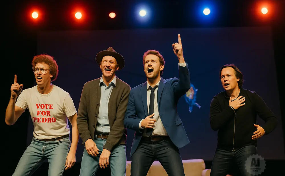 Four men on stage, three pointing up, in a lively performance.
