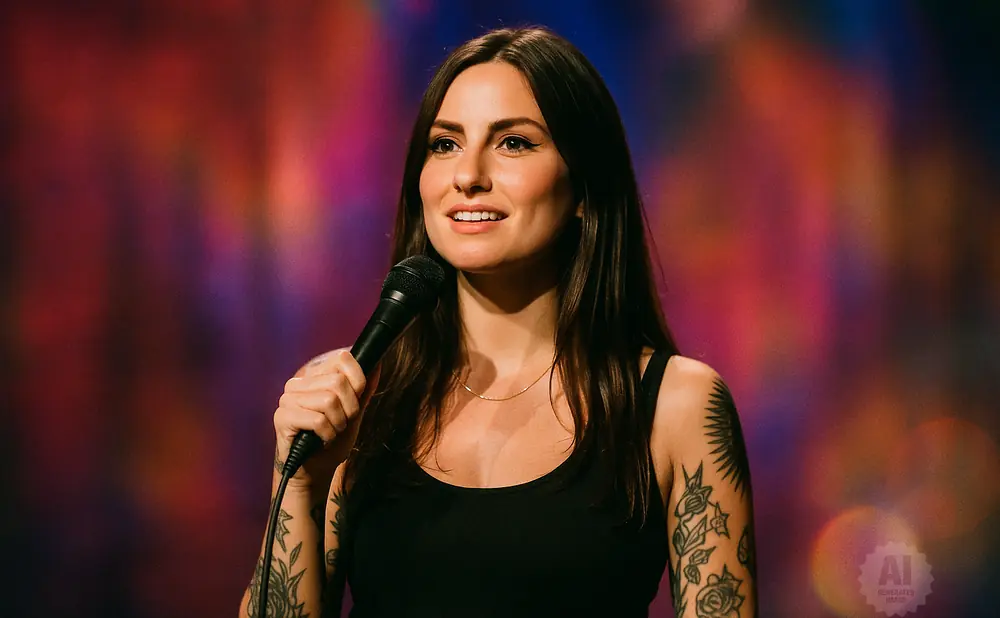 A woman with long dark hair and tattoos holds a microphone, smiling with a colorful blurred background.