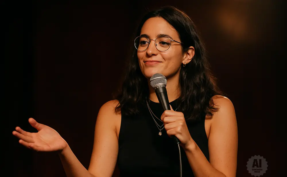 A woman with glasses and dark hair holds a microphone and gestures with her left hand while speaking.