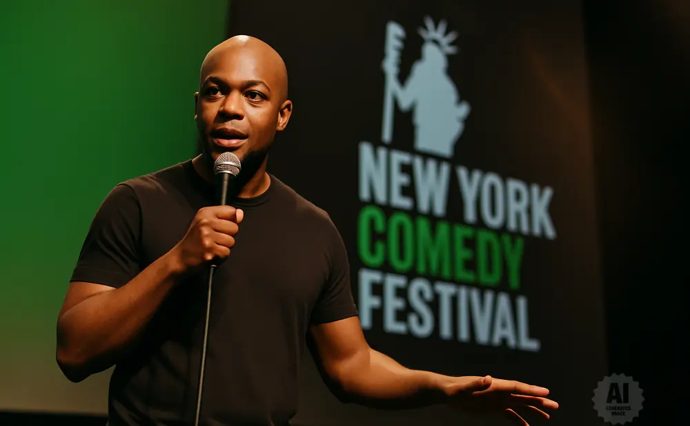 A bald Black man in a black t-shirt holds a microphone on stage, speaking in front of a 