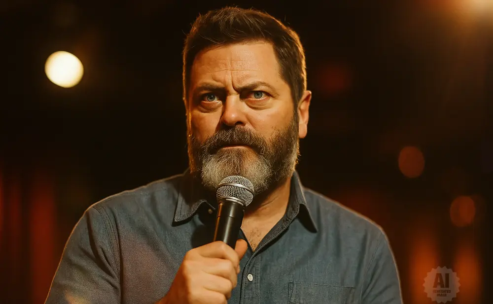 Nick Offerman holds a microphone, looking seriously at the camera in front of a dark, blurred background.