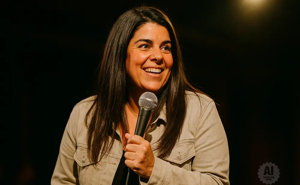 A woman in a tan jacket smiles as she holds a microphone, looking off to the side.