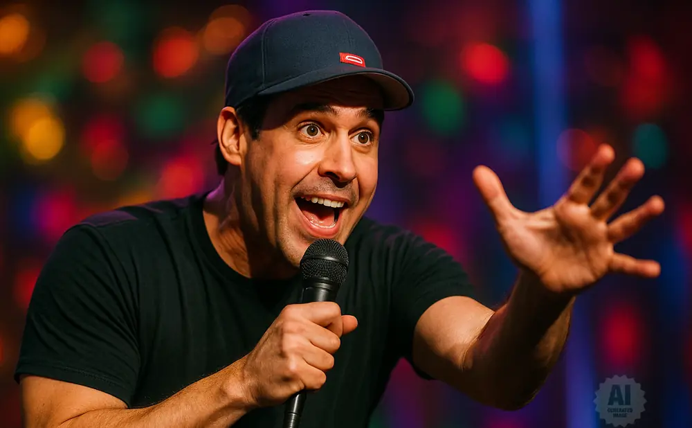 A comedian in a black t-shirt and baseball cap holds a microphone, animatedly speaking into it with his hand raised.