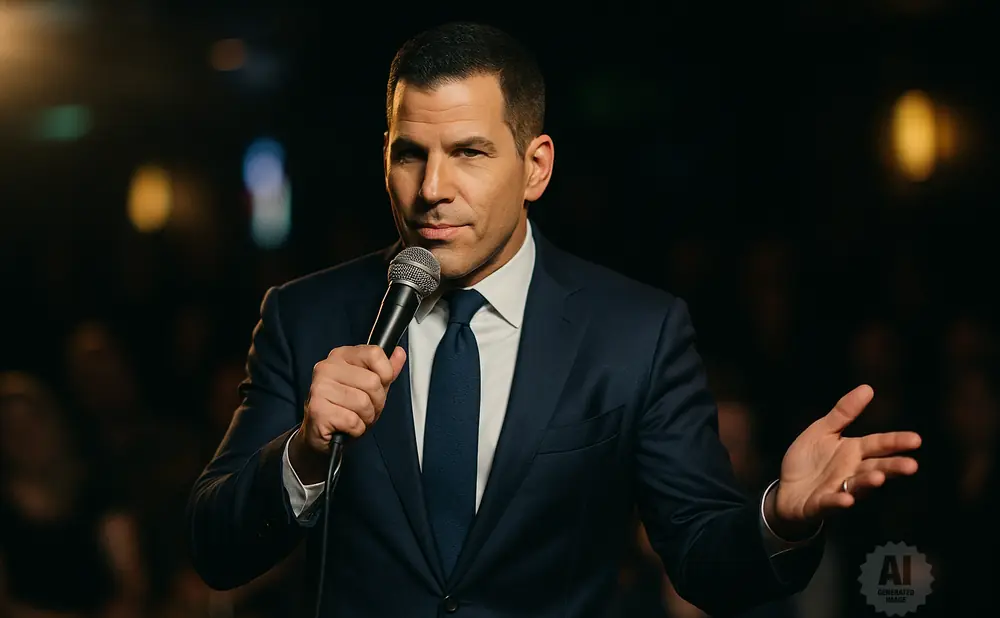 Man in a suit speaks into a microphone, gesturing with his other hand.