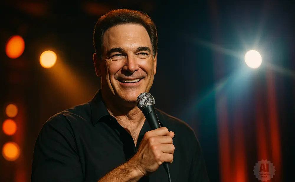 A smiling man in a black shirt holds a microphone on a dimly lit stage with warm orange and bright white spotlights.