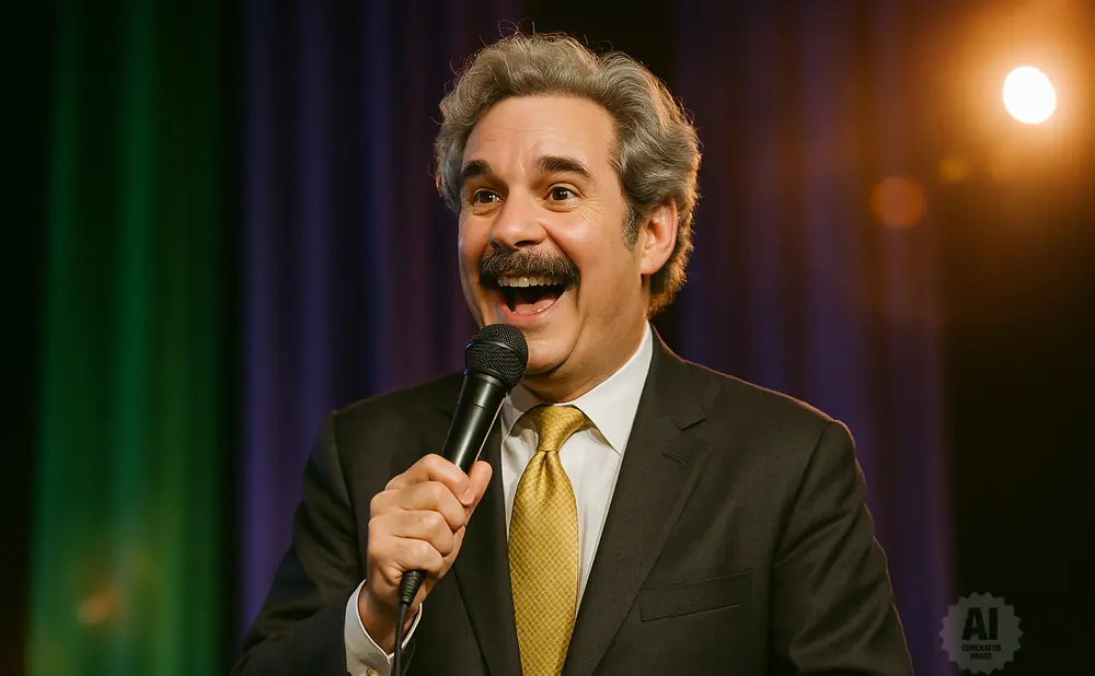 A man in a tuxedo and purple bow tie sings into a microphone, smiling broadly.
