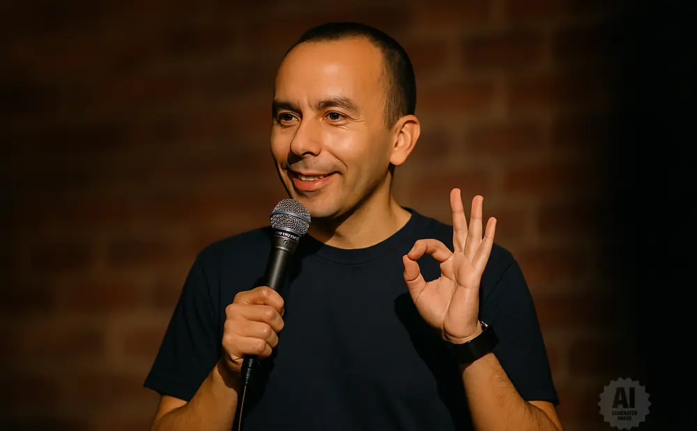 A man smiles while holding a microphone and giving an 