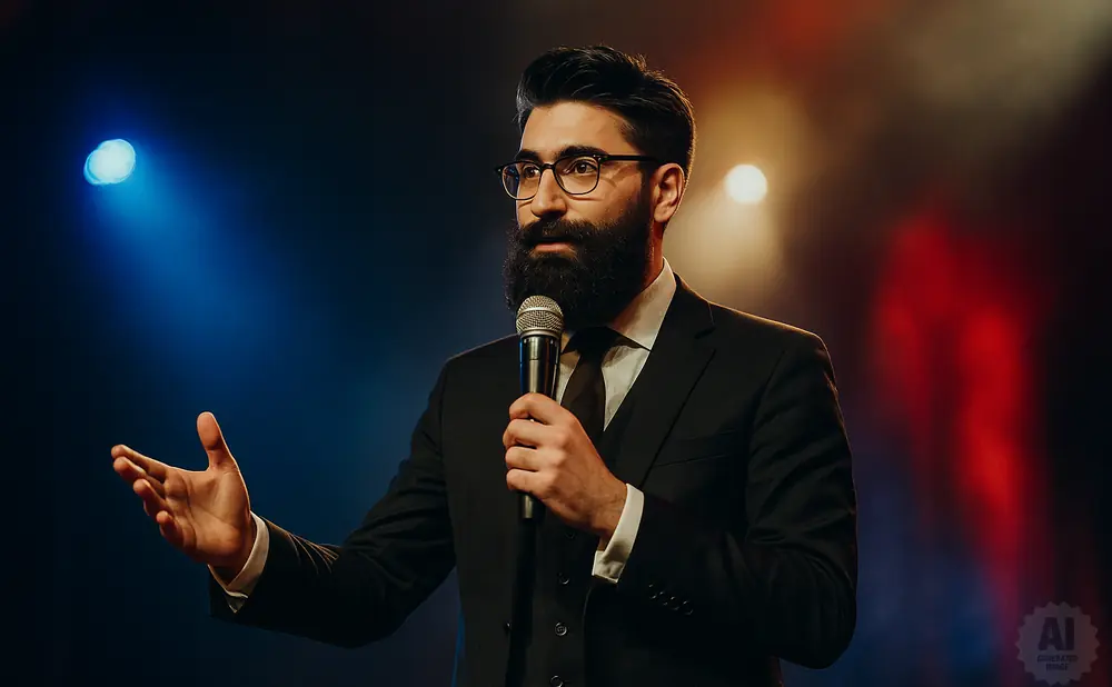Man in suit with beard and glasses speaking into a microphone on stage with blue and red lighting.