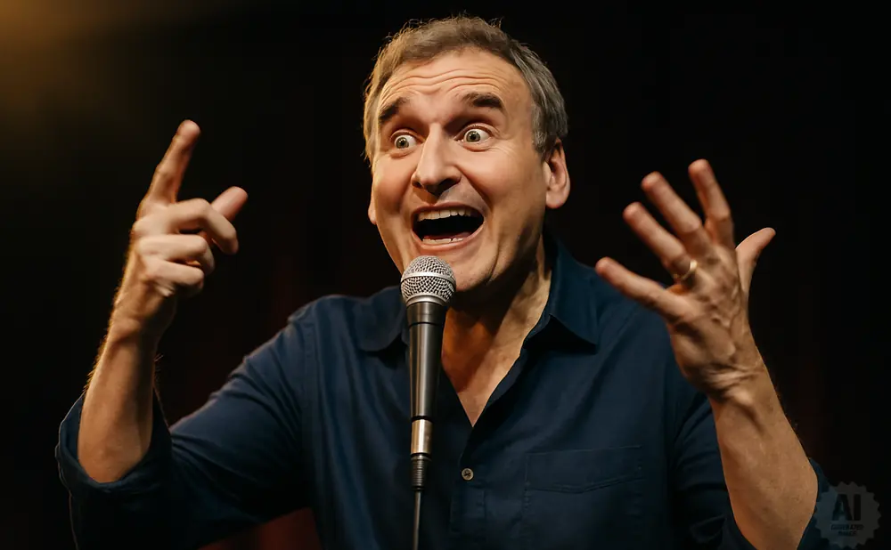A man in a dark blue shirt performs at a microphone, animatedly gesturing with his hands.