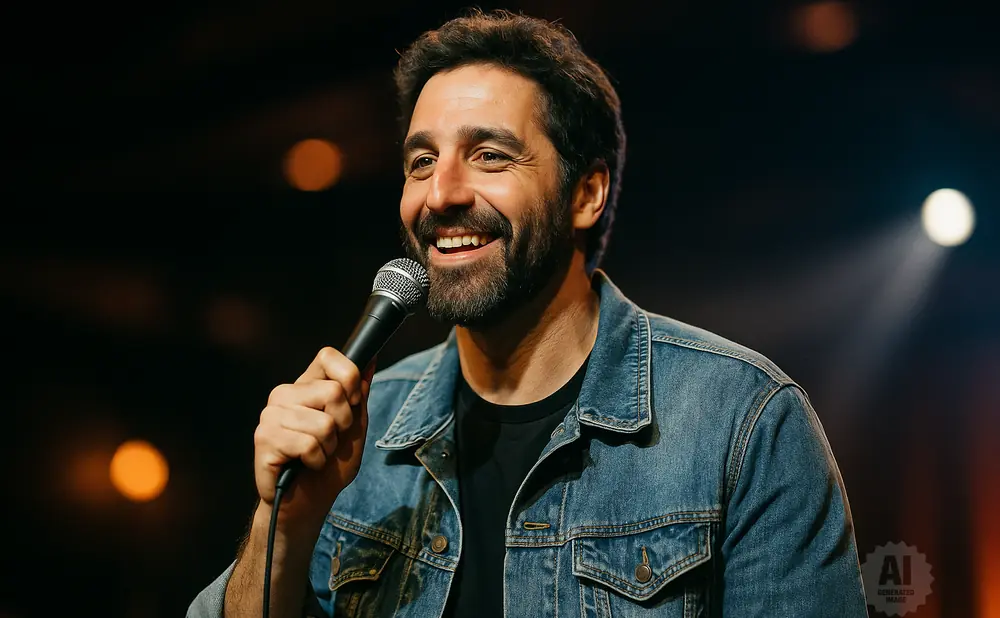 A man in a denim jacket holds a microphone and smiles widely on a dark stage with spotlights.