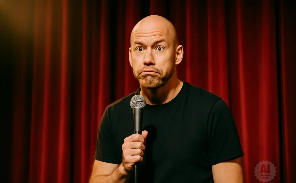 A bald comedian with a microphone makes a surprised face on a stage with red curtains.