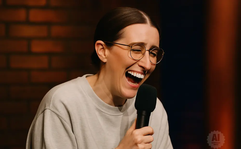 A woman with glasses laughs heartily into a microphone.